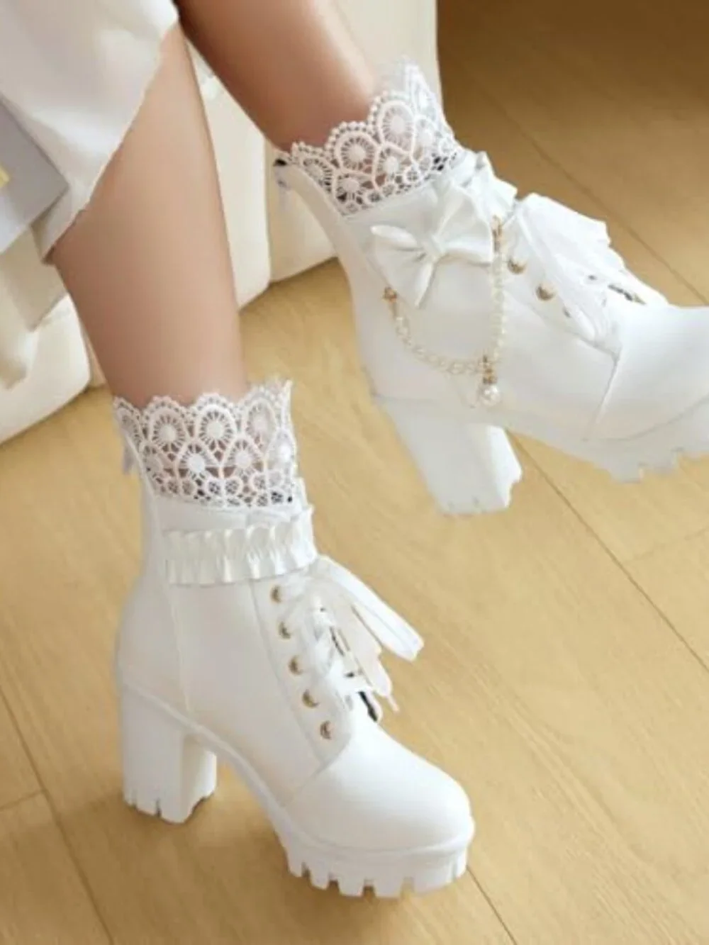 Faux Leather Platform Ankle Boots with Pearl Chain Bow Chunky High Heel Gothic